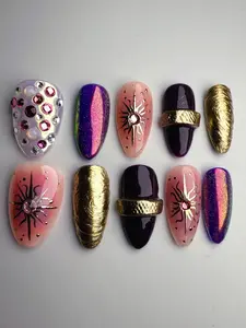 Celestial Witch Press On Nails | Luxury Gold Chrome Sunburst Deep Plum Nails | Iridescent Rhinestone Custom Set