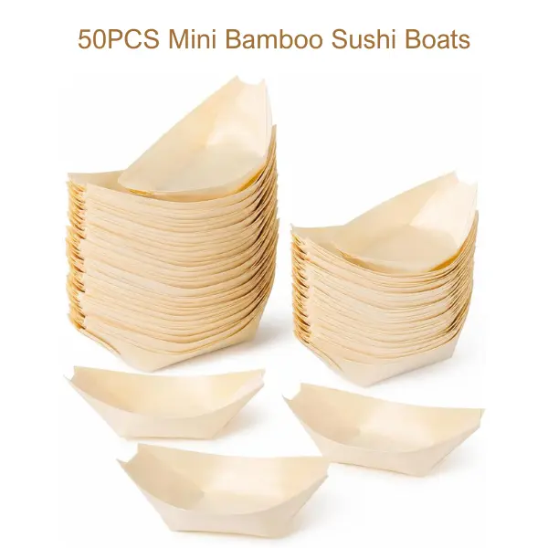50PCS Mini Bamboo Sushi Boats, Disposable Appetizer Serving Trays for Sushi, Charcuterie, Parties, Catering Summer Gift