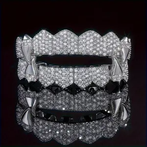 Top & Bottom Golden Silvery Color Plated Cubic Synthetic Zirconia Vampire Fangs Teeth Grills Caps for Men Women - Mosaic Synthetic Zirconia Material, Fashionable, Copper Base, Not Plated with Precious Metal  Retainer Brace Dental Braces Aligners Oral