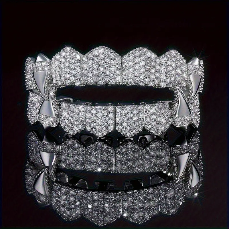Top & Bottom Golden Silvery Color Plated Cubic Synthetic Zirconia Vampire Fangs Teeth Grills Caps for Men Women - Mosaic Synthetic Zirconia Material, Fashionable, Copper Base, Not Plated with Precious Metal  Retainer Brace Dental Braces Aligners Oral