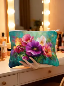 1pc, Vivid Colorful Flowers Printed Cosmetic Bag, Corduroy Makeup Organizer and Wash Pouch for Women, Ideal for Skincare, Toiletry Essentials, and Travel Storage