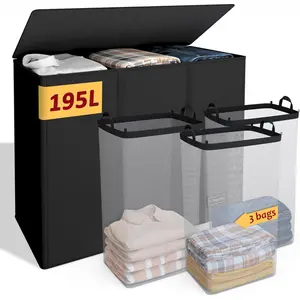 195L Laundry Hamper 3 Section,Large Laundry Hamper with Lid,Dirty Clothes Hamper with 3 Inner Bags,Collapsible Laundry Basket Organizer for Laundry Room,Bedroom,Laun