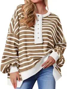Imily Bela Womens Oversized Striped Sweatshirts Henley Shirts Color Block Casual Pullover Waffle Knit Tops