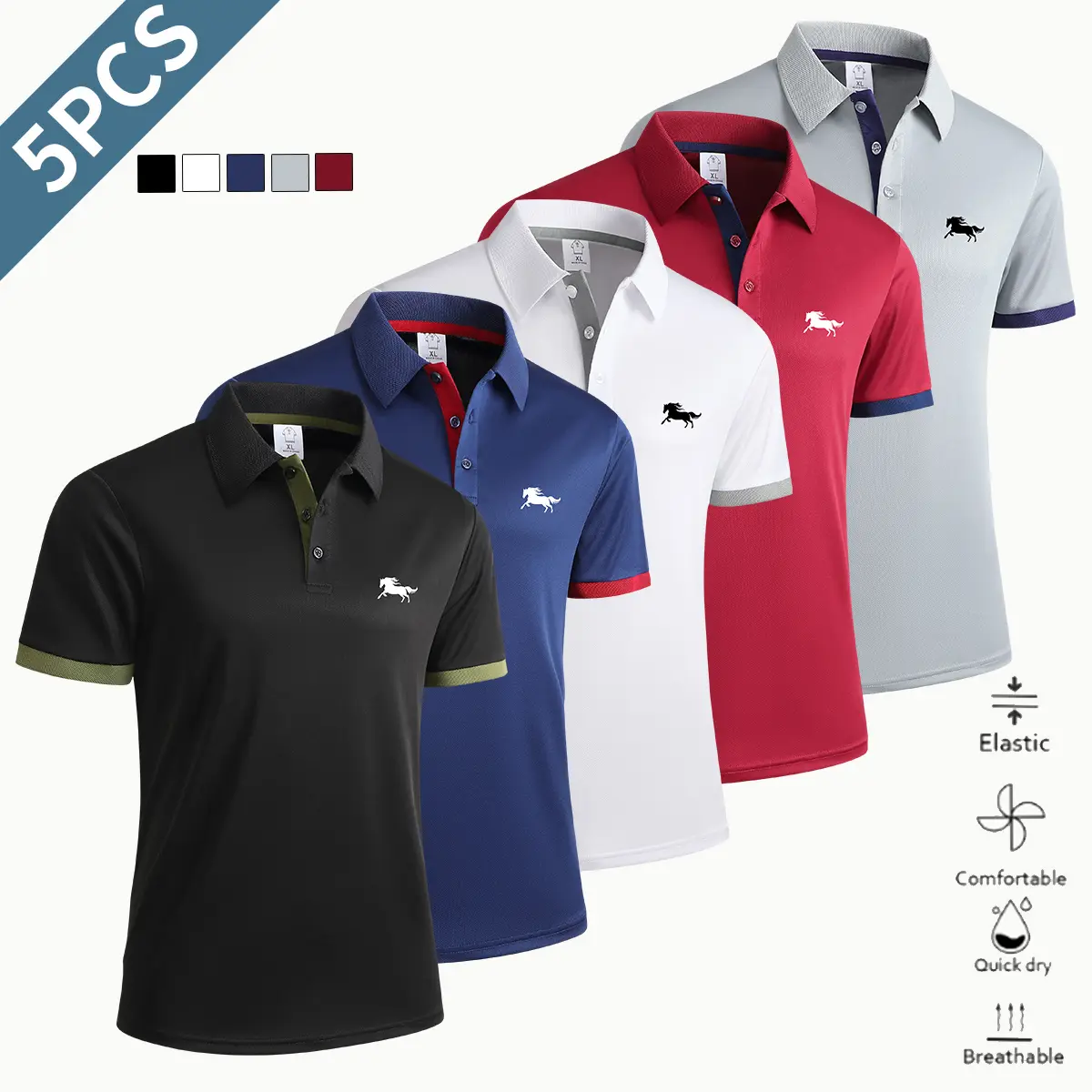 Men's 5-Pack Slim Fit Polo Shirts, Quick-Dry Breathable Polyester Soft Tops with Classic Horse Print Collar for Summer Sports & Work, Animals, Basics, Breathable Polo Shirts, Soft Top Polo Shirts
