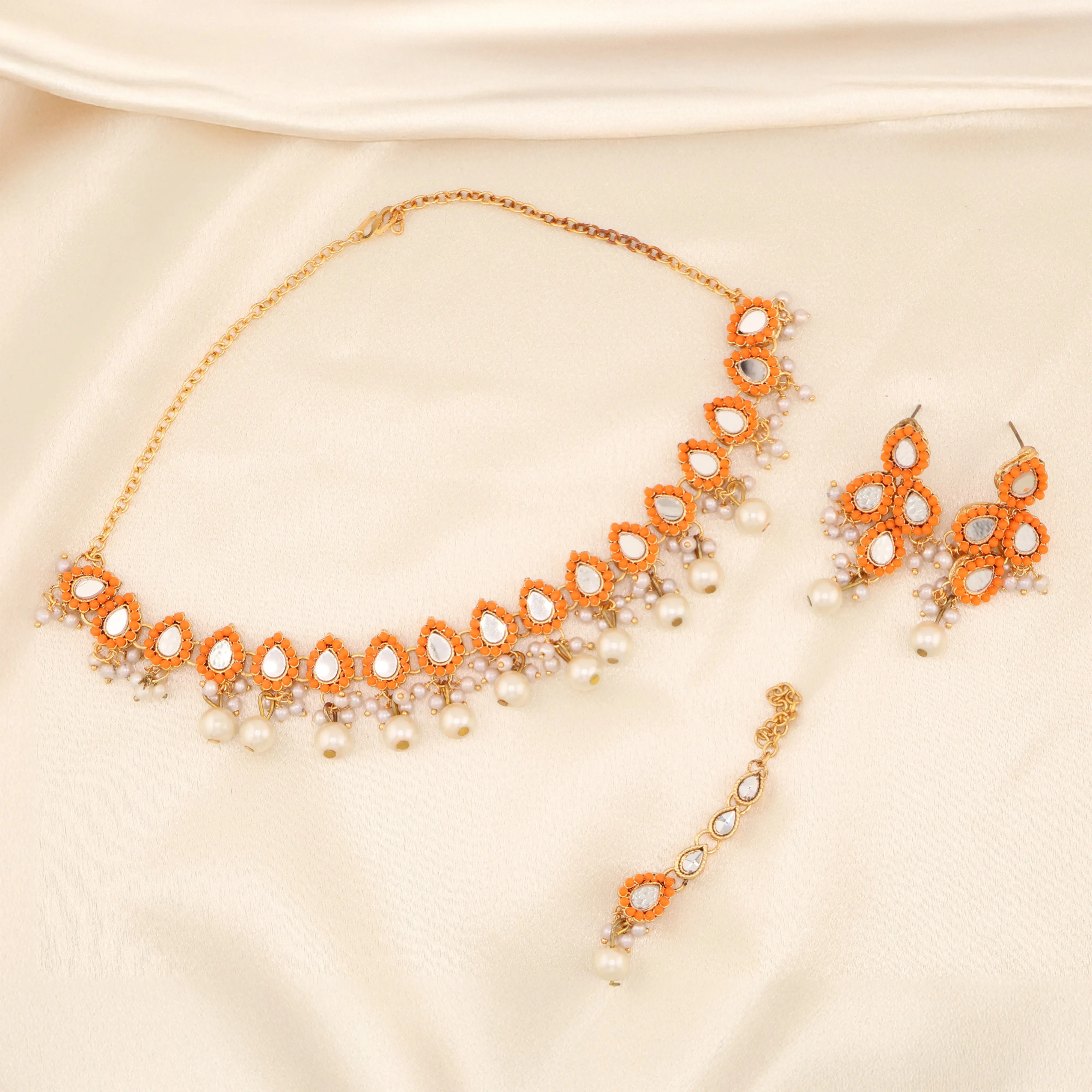NINA Antique Gold Kundan Festive Necklace Set with Tikka & Earrings | South Asian Indian Pakistani Party Jewelry