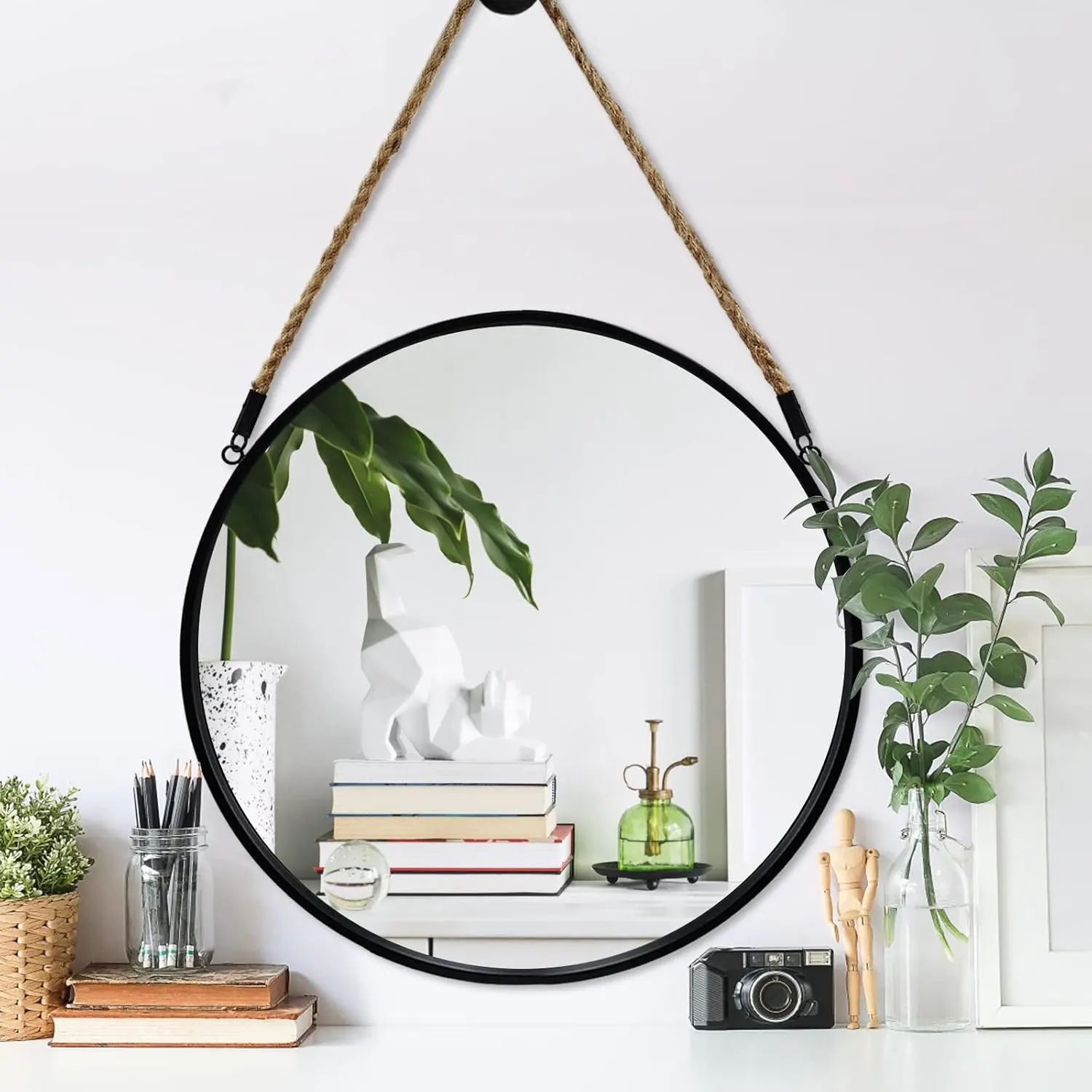 Round Hanging Mirror, 20" Rope Wall Mirrors Decorative, Black Metal Frame Circle Mirrors, Farmhouse Wall Mounted Mirrors for Bathroom, Bedroom, Living Room, Entryway,  Decor