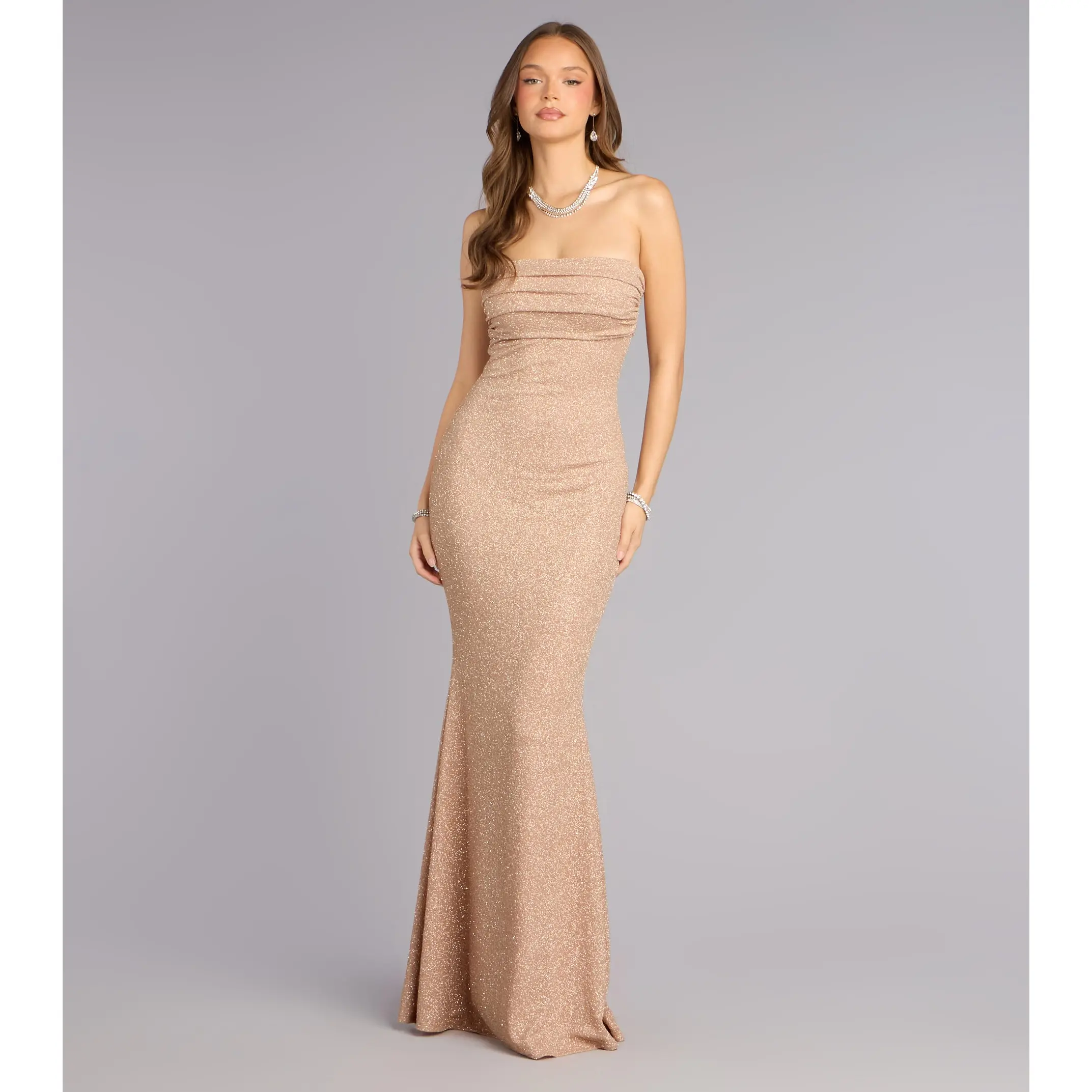 slim fit dress slacks The Ally Strapless Glitter Embellished Gown