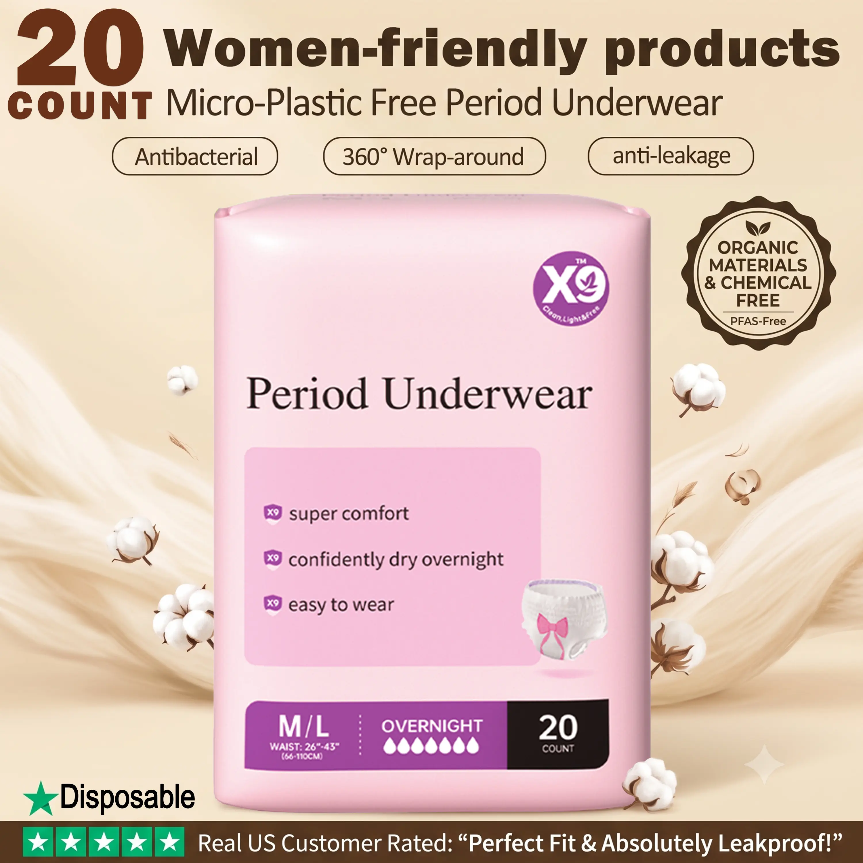 X9 Disposable Period Underwear, 20 Count, High-Waist Menstrual Pants for Overnight & Postpartum Protection, Maximum Absorbency, Hypoallergenic, Unscented, PFAS-Free, Women, Disposable Panties, Elastic, Leakproof Fit, Adult Diaper