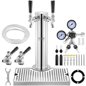 VEVOR Kegerator Tower Kit, TikTokShopBlackFriday, Dual Taps Beer Conversion Kit, Stainless Steel Keg Beer Tower Dispenser with Dual Gauge CGA320 Regulator & D-System Keg Coupler, Beer Drip Tray for Party Home