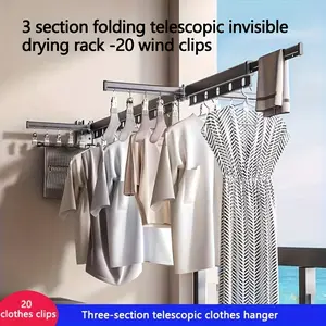 Multi-functional wall-mounted three-section aluminum alloy folding drying rack with 20 clips, suitable for small balconies in families, apartments and hotels, Drying Racks