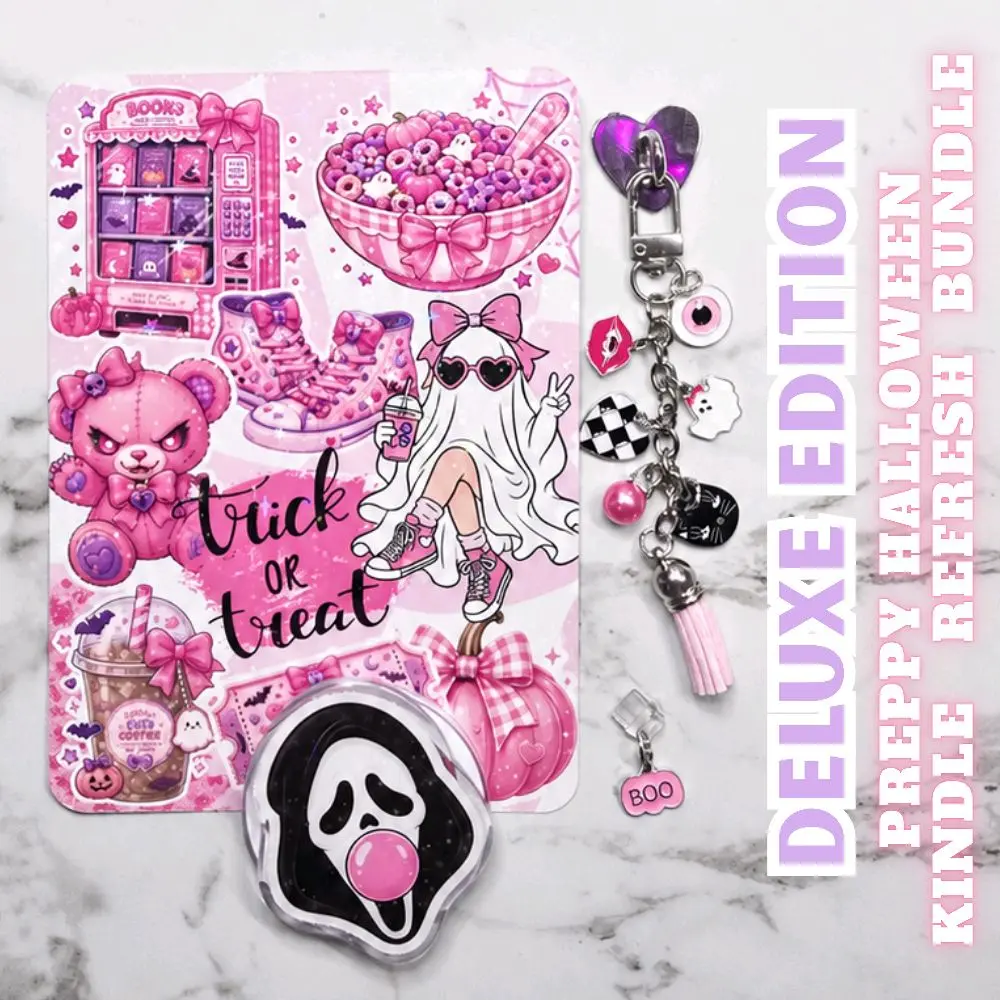 PREPPY PINK HALLOWEEN DELUXE Kindle Refresh Kit | Includes Insert, Magnetic Grip, Dust Plug Charm, and Chain Charm