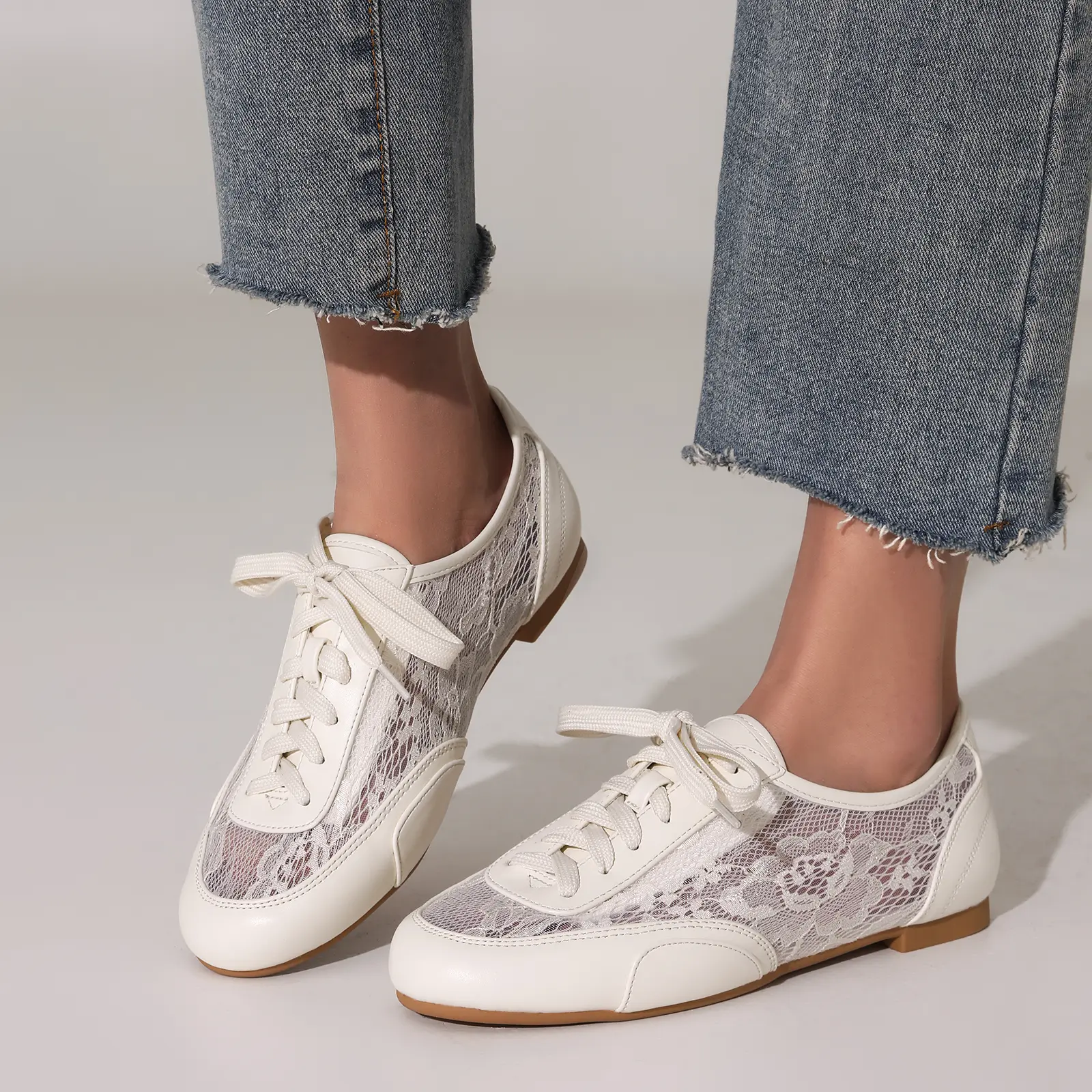Women's Bridal Rhinestones Lace Ankle-Length Athletic Sneakers - Slip-On, Rubber Sole, Cushioned Liner, Non-Slip, Lightweight, Breathable, Satin Ribbon, Transparent Ivory Lace - for Wedding, Gym