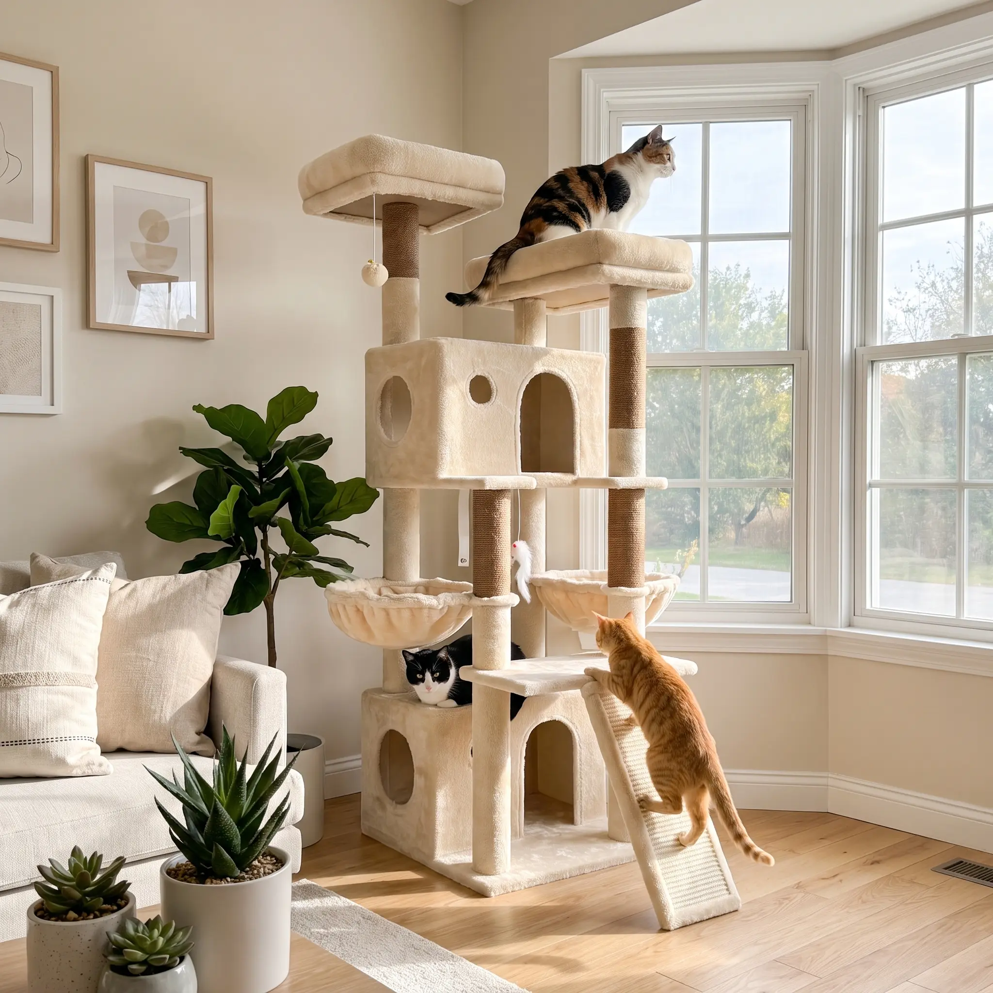 DESKAT 64inch Heavy Duty Cat Tower for Multiple Indoor Cats — Large Multi-Level Cat Tree with Dual Hanging Baskets & Condos