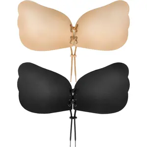 Women's Seamless Invisible Opaque U-Neck Backless Strapless Push-Up Adhesive Lift Bras, 2 Pairs (Black/Beige) - Style-Focused for Everyday, Bridal Wear
