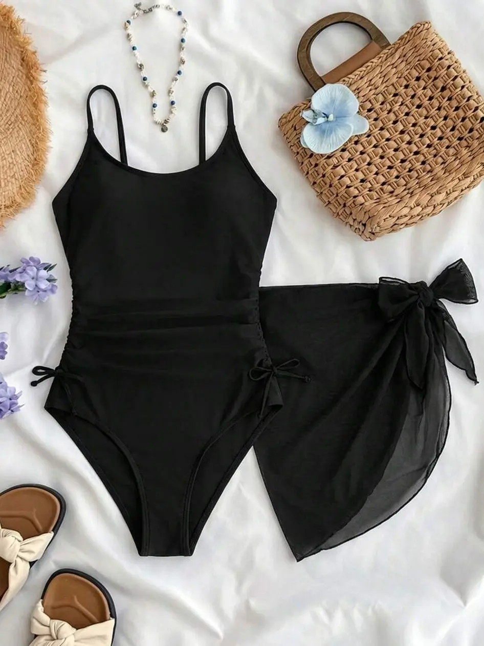 Teen Girls' Floral One-Piece Swimsuit With Cover-Up Skirt, Side Bow Decor Vacation Beachwear