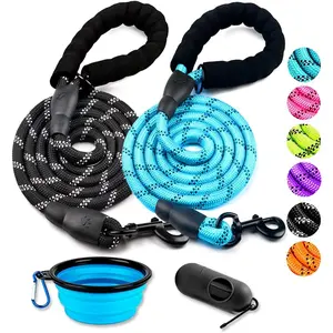2 Pack Dog Leash 5 FT Heavy Duty - Comfortable Padded Handle - Reflective Dog Leash for Medium Large Dogs with Collapsible Pet Bowl dog leash