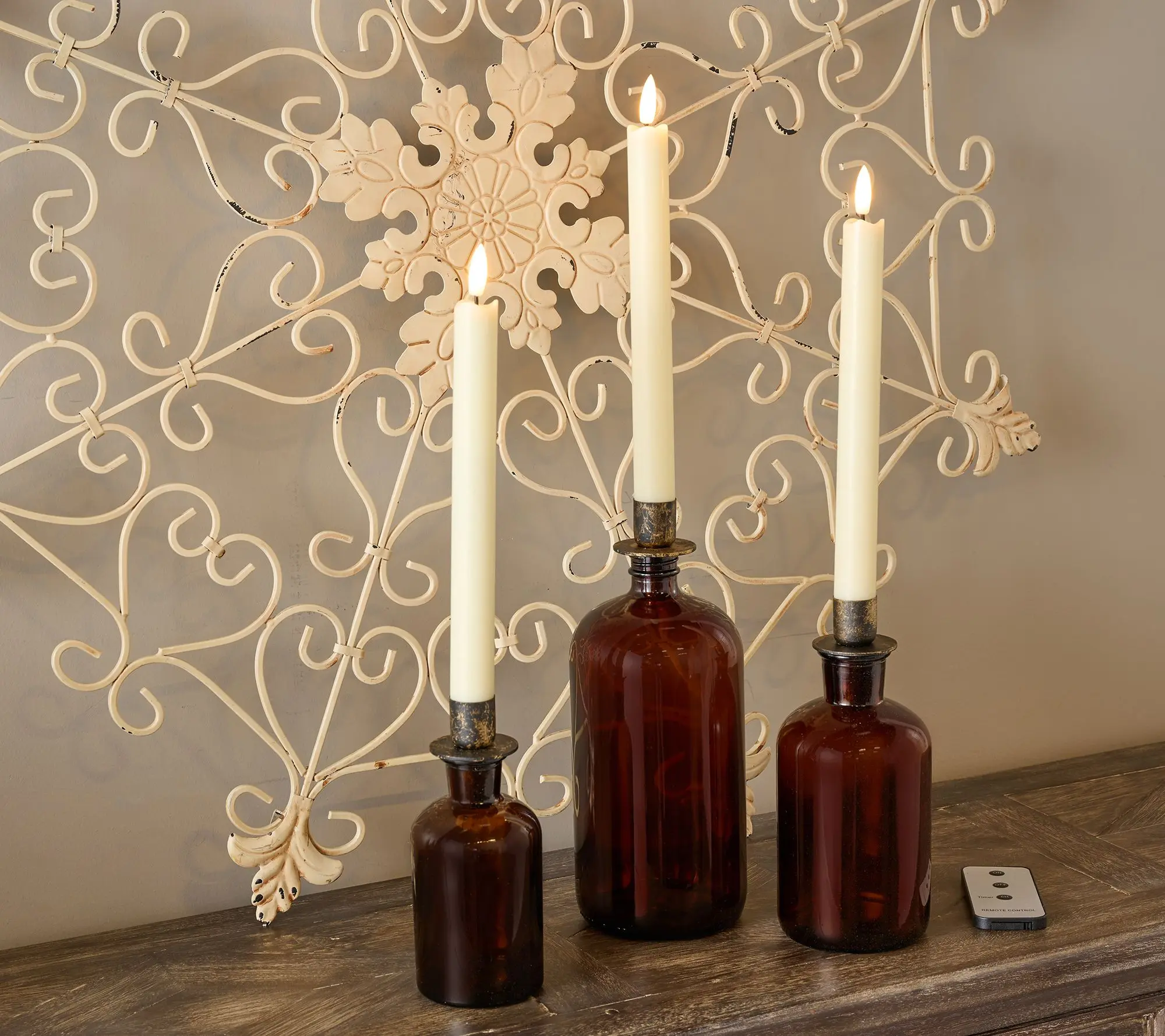 Cozy Cottage by Liz Marie Set of 3 Glass Bottles with Tapers Cozy Cottage by Liz Marie Set of 3 Glass Bottles with Tapers