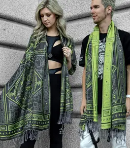 DHARMA V2 • Grey / Neon Yellow • UV REACTIVE • Festival Shawl/Scarf / Festival Pashmina / Festival Shawl / Festival Scarf /Pashmina Festival