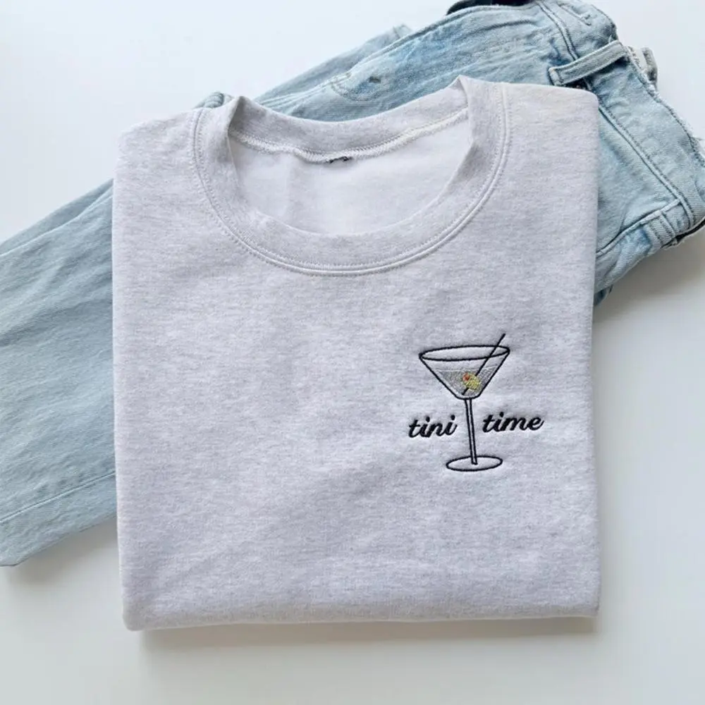 Wine Lover Embroidered Crewneck, Martini Sweatshirt, Tini Time Cozy Gift