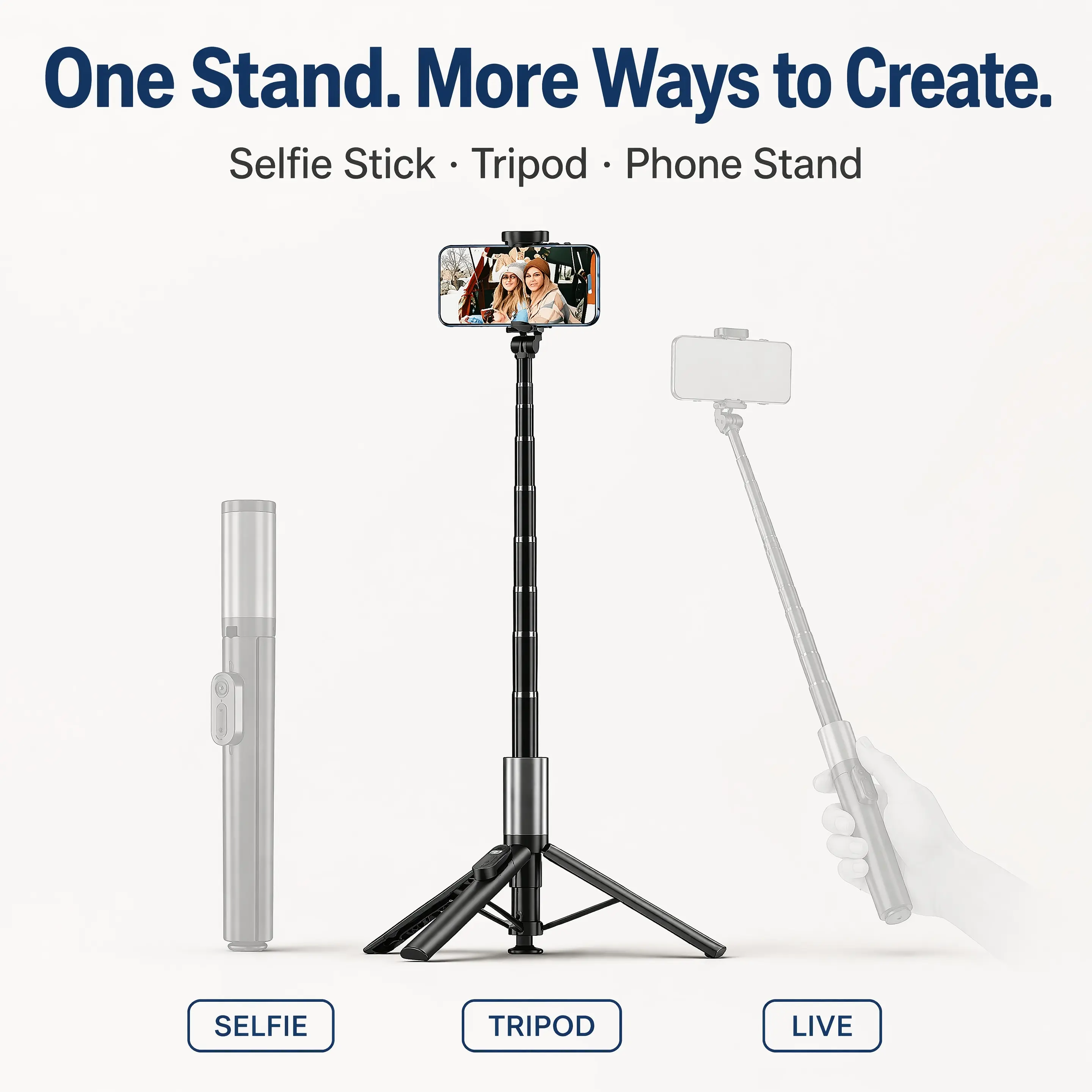 2026 New 5-in-1 Selfie Stick with Drop-to-Open Function, Retractable Phone Tripod, Bluetooth Remote, 360° Rotatable, Compatible with iPhone & Android for Selfies, Video Recording, Live Streaming