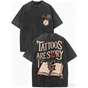 Men's Vintage Washed Cotton T-Shirt - Dual-Sided Graphic Print with "Tattoos Are Low-Culture" & Skull Design, Relaxed Fit Drop Shoulder Round Neck Short Sleeve Top for Casual Streetwear, Beach Parties & Summer Outings