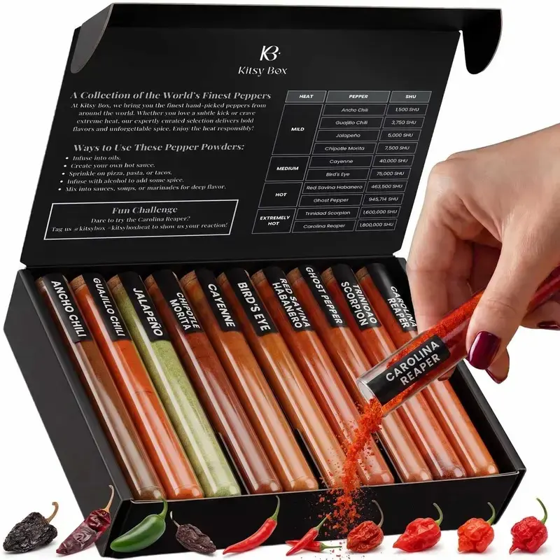 Kitsy Box Hot Pepper Flakes or Powder Gift Set -10 Dried Chili Flavor Varieties from Mild to Worlds Hottest Peppers | Spices & Seasonings, Heat Challenge