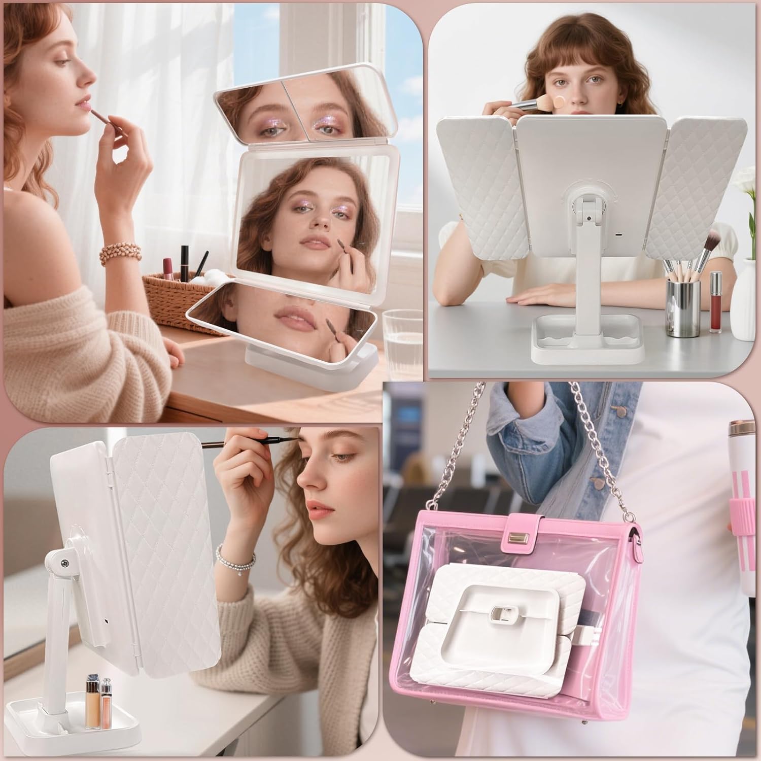 Foldable LED Makeup Mirror 1/2/3X Magnification Touch Control Rotatable Vanity Mirror with 3 Color，Portable Rechargeable Makeup Mirror