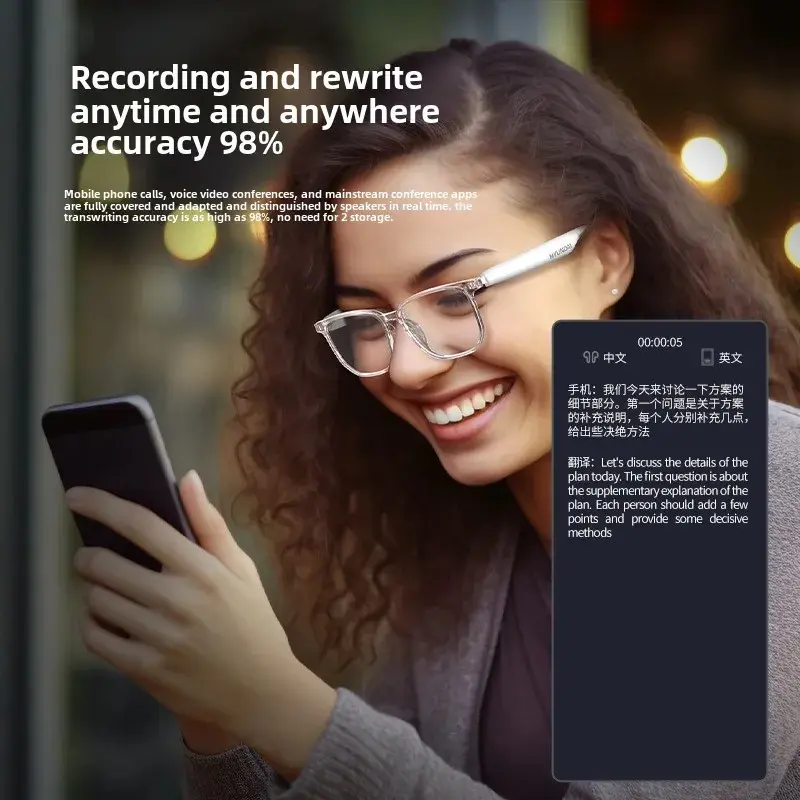 AI Smart Glasses with Bluetooth 100+ Multi-Language Real-Time Interpretation Color Display Music Listening Song Answering