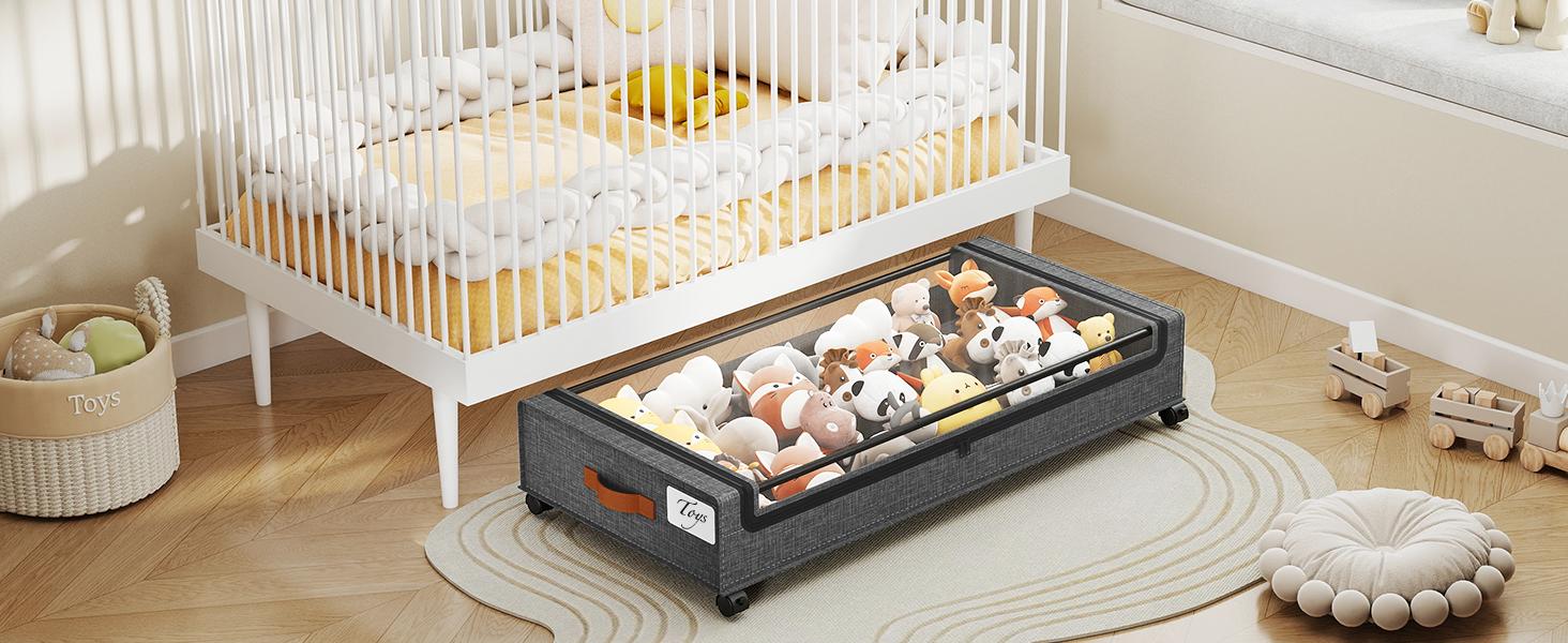 Under Bed Storage with Wheels 65L, 2 Pack Under Bed Storage Containers, Storage Containers with Clear Window, Rolling Under Bed Metal Drawer for Clothes, Shoes, Books, Hemp Grey