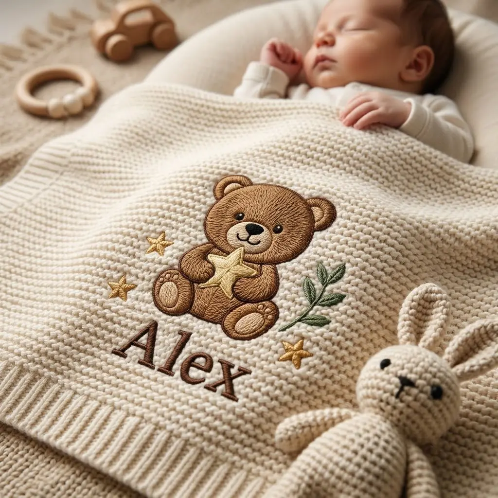 [Made-to-Order] Custom Teddy Bear Holding Star Embroidered Baby Blanket, Dream Big, Personalized Knit Baby Blanket, Woodland Nursery Decor, Newborn Gift, Baby Shower Gift