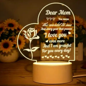 Dear Mom Acrylic Desk Lamp - 2D Flat Printing Heart-Shaped, Rose Pattern Warm LED, Abs Base & Solid Acrylic Blade, Candle-Like Calming Ambiance, Sentimental Letter Keepsake Gift for Mom's Birthday Bedroom Decor
