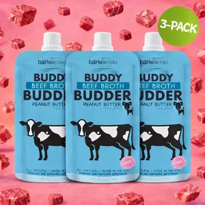 3pk Beef Broth Buddy Budder Squeeze Pouch (4oz each)- All Natural Dog Peanut Butter, Perfect with Dog Enrichment, Treating, Training, Traveling