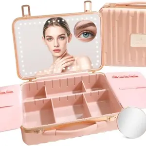 ROWNYEON Travel Makeup Train Cases with Light Up Mirror, Large Makeup Bag Cosmetic Case with Adjustable Dividers Makeup Organizer for Brushes & Makeup Tools, Pink