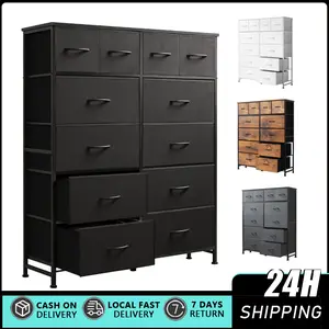 Compact 12 Drawers Dresser for Bedroom, Fabric Storage Tower, Chest of Drawers with Retro Wood Top for Closet, Nursery, Living Room Dresser, Tall Dresser for Bedroom, Drawer Dresser Organizer Storage Drawers with 10 Drawers