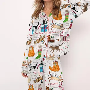 SHESHOW The Twelve Cats Of Christmas Satin Pajama Set For Women Print Comfy Satin Sleepwear & Loungewear Pjs Printing Silky Top & Bottoms
