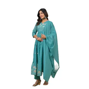 Ethnic Indian Mul Cotton Anarkali Dress for Women V-neck 3/4th Sleeves Ankle Length Kurta Set Everyday Wear & Religious Events Fit Style Womenwear - Traditional Womenswear Asian Clothes Elegance Fashion Salwar Muslimah Islamic - Fabric