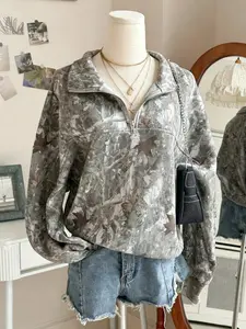 Women's Street Vintage Tree Print Camo Full Print Half Zip Long Sleeve Hoodie Sweatshirts, Loose Shoulder Design, Fall Winter Casual Wear