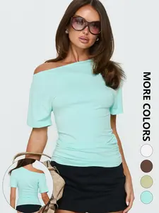 Women's T-Shirt Solid Summer Short Sleeve Fashion Ruched Asymmetric Neck Elegant Folds Tees Top Basic Versatile Casual Streetwear Slim T-Shirt  Women Top