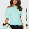 Women's Solid Ruched Asymmetric Neck T-Shirt, Fashion Short Sleeve Slim Fit Tee, Basic Versatile Casual Chic Streetwear Top, Summer Elegant Women's Top