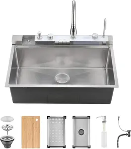 Bronstarz 33x22 Inch Brush Nickel Stainless Steel Undermount Kitchen Sink Single Bowl with Faucet Combo | Waterfall Workstation, Nano Coating & Cup Washer | Smart Sink for Modern Household (Silver)