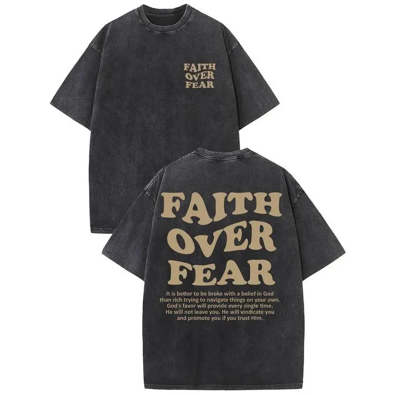 Faith Over Fear leisure T-shirt vintage washed street interlocking letters cotton T-shirt men's T-shirt made from old black wind streetwear, drop shoulder sleeves round neck top short sleeves Casual Graphic