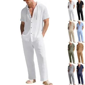 Men Summer Linen Hooded Short Sleeve Shirt Straight Pants Set Casual Vacation Outfit Loose Fit Comfortable