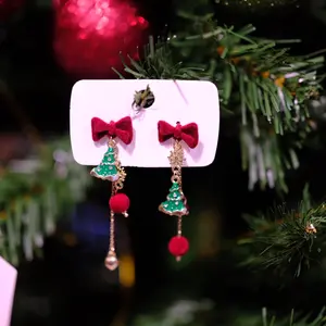 Christmas Tree Earrings with Red Bow Festive Mismatched Dangle Earrings Holiday Jewelry Gift Unisex