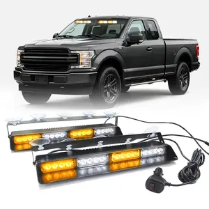 32LED White Amber Emergency Dash Strobe Lights with Controller Suction Cups Warning Hazard Interior Front/Rear Windshield Deck Split Light Bar for Truck Construction Vehicles Led Car Lights