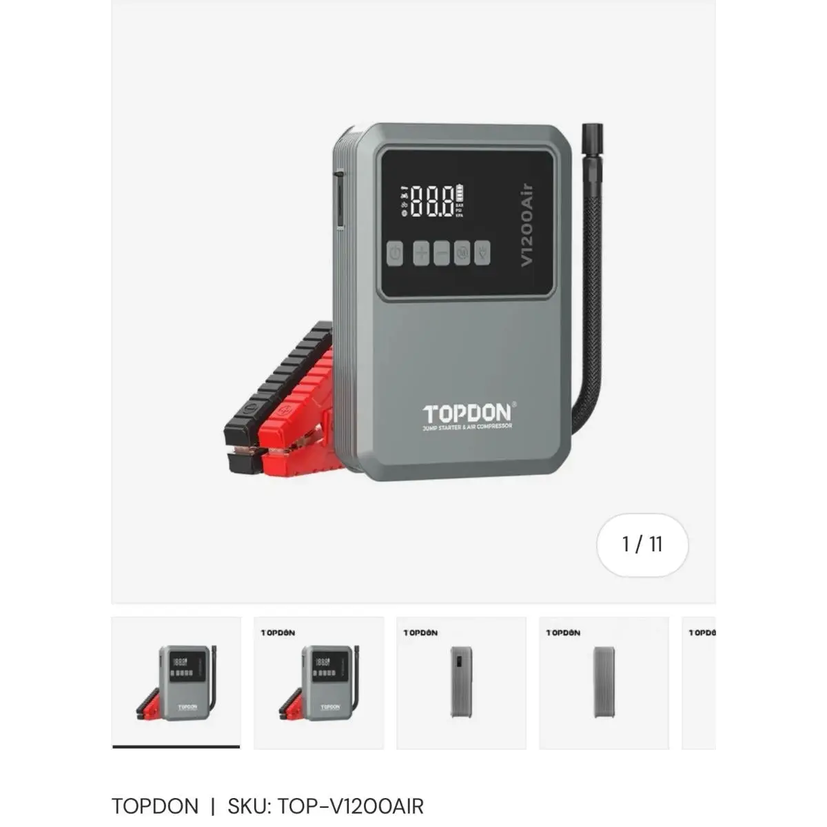 Topdon USA TPV1200AIR 12V Handheld Compact Portable 16000mAh 2-in-1 Air Jump Starter & Air Compressor, Durable, Lightweight, High-Efficiency for Cars, Car Enthusiasts