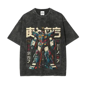 Retro Japanese robot T-shirt, washed vintage anime American-style T-shirt - Retro style, 100% cotton fabric, made in the USA, dark comic street style, loose A-line fit.