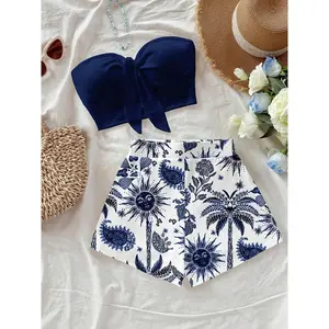 Women's Fashionable Coconut Tree & Sun God Print Two-Piece Set, Perfect for Vacations, Summer and Spring Wear