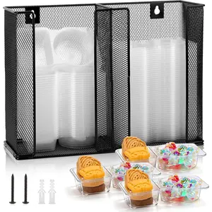 Wall Mounted Condiment Cup Dispenser for Double Compartment Condiment Container Fits 4.5 oz Disposable Snack Containers with  Snack Tray with Lid Metal Portion Sauce Cup Lid Organizer for Kitchen