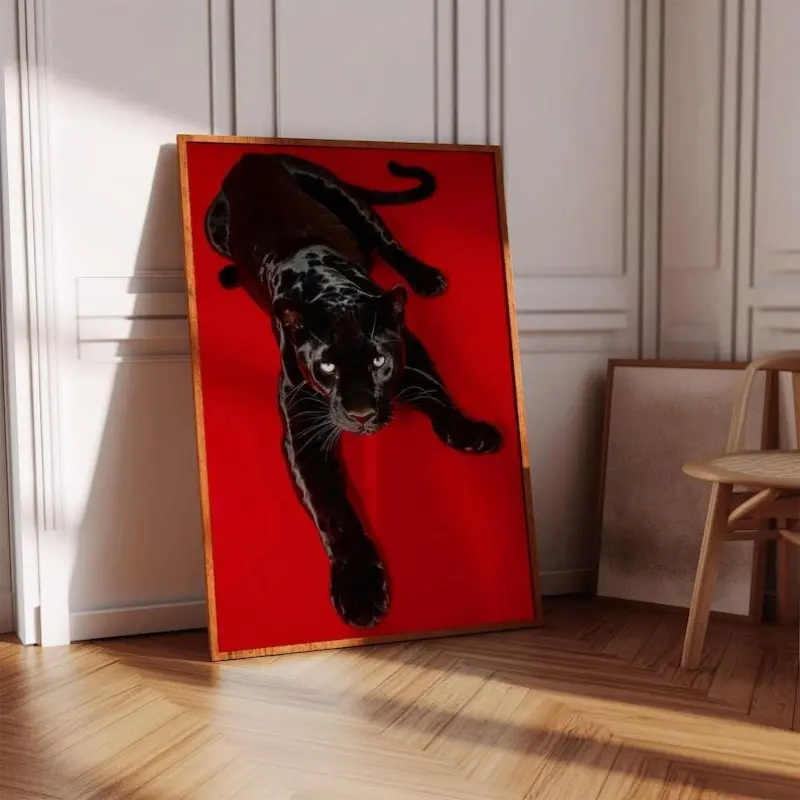 Black Panther Red Background Canvas Poster Big Cat Wall Art Bold Animal Print Modern Home Decor Gift  Title