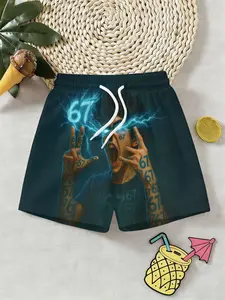 Boys' Cyan Color 67 Number Printed Beach Pants, Lightning Casual Fitted Knee Length, Perfect for Outdoor Activities & Gifts